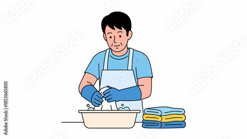 Man washing clothes in a basin with rubber gloves on a table with folded towels nearby.