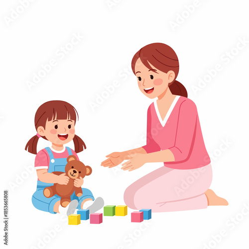 A mother and daughter playing together with toy blocks and a teddy bear on the floor