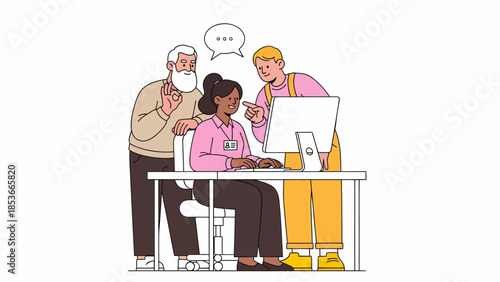 Three people collaborating around a computer in a modern office environment from a slightly elevated viewpoint