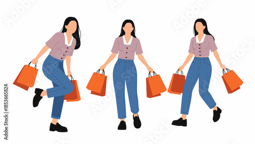 Three women holding shopping bags in various dynamic poses against a plain white background