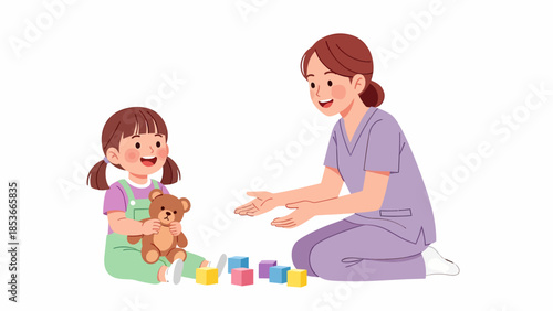 A young girl playing with blocks and a teddy bear with a caregiver in a nurturing environment