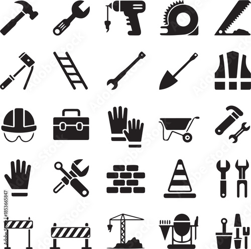 Construction and Tools Silhouette Icons Set – Building, Industrial and Work Equipment Symbols