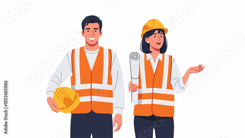 Two construction workers in safety vests and hard hats standing together, one holding a helmet and the other a tool, in a plain white background.
