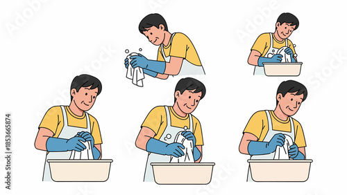 A man washing his hands in a sink with soap and water in a series of illustrations