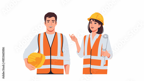 Two construction workers in safety vests and hard hats collaborating on a project