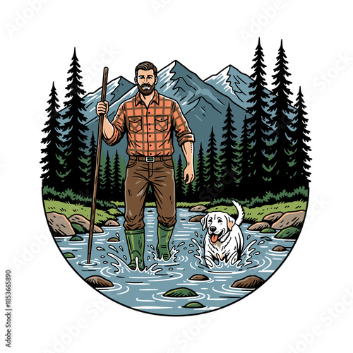 vintage vector illustration of a hiker crossing a stream with a golden retriever in the mountains.