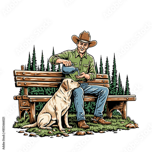 vintage vector illustration of a man sharing water with his loyal dog on a park bench.