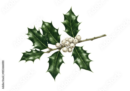 Elegant watercolor illustration of a holly branch with glossy dark green spiky leaves, white berries, and a woody stem on a transparent background with copy space, festive holiday seasonal concept
