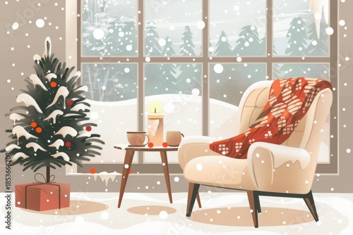 cozy winter home interior with tea and candle illustration