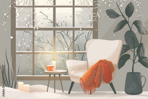 cozy winter home interior with tea and candle illustration