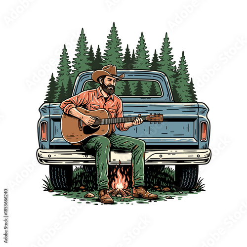 man in a cowboy hat playing acoustic guitar while sitting on the bumper of a truck by a campfire.