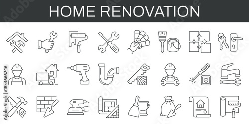 Home renovation icons set for construction, repair, tools, materials, maintenance, and interior improvement. Professional editable stroke icons for renovation projects.