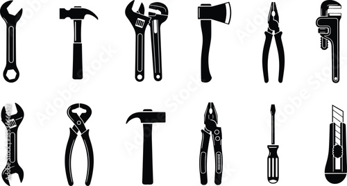 Hand tool icon set, black silhouette vector illustrations of construction equipment, repair tools, maintenance gear, perfect for DIY graphics, workshop branding, instructional design