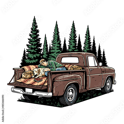 man and his dog sleeping together in the back of a vintage pickup truck.