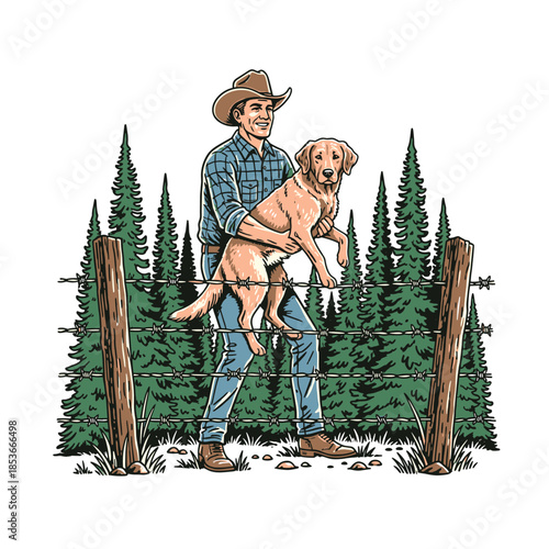 vintage vector illustration of a man helping his golden retriever over a fence in the woods.