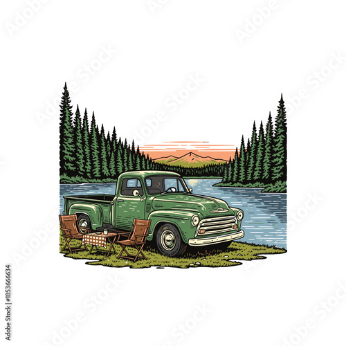vintage pickup truck parked by a lake with camping chairs and a table at sunset.
