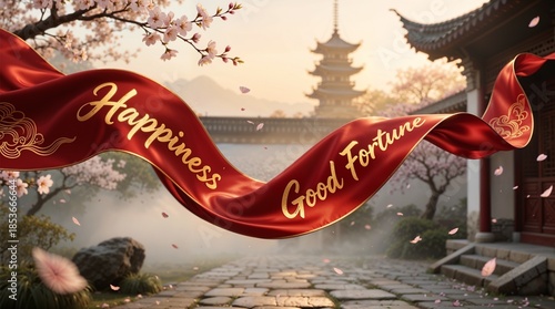 Red ribbon with “Happiness” and “Good Fortune” flutters before Eastern temple and blooming cherry blossoms — atmosphere of harmony, luck, spring renewal
