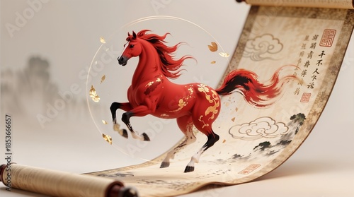 red horse with gold patterns leaps on scroll — symbol of energy, luck, prosperity for new year
