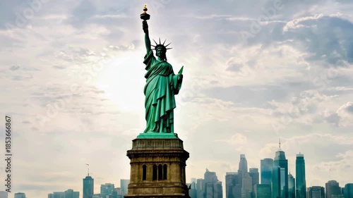 Statue of Liberty and New York City skyline with One World Trade Center in cinematic daylight view.