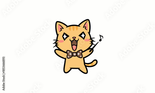 Cartoon Cat Singing with Bow Tie  vector White background