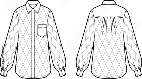 Technical Line Art Sketch of a Long-Sleeved Button-Down Shirt Featuring a Diamond Quilted Pattern, Curved Hemline, and Back Yoke for Detailed Apparel Manufacturing.
