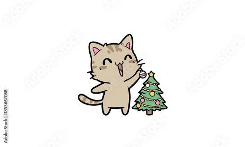 Cartoon Cat Standing Near Christmas Tree vector White background
