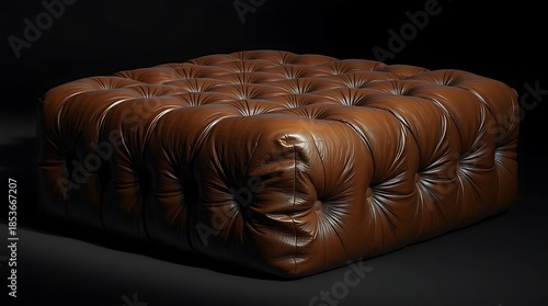 An ultra-detailed photorealistic image of a plush, oversized ottoman covered in rich, textured brown leather, with deep shadows defining its curves and softness