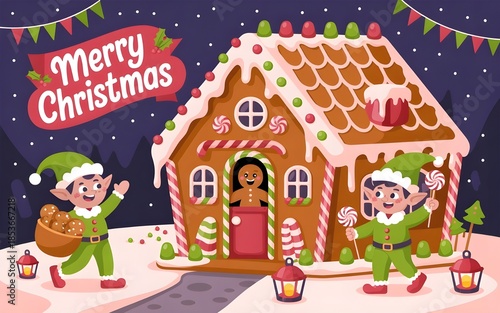 Merry christmas gingerbread house with elves and candies