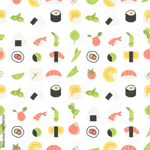 Seamless Pattern of Cute Sushi and Japanese Food Icons. Vector Illustrations. EPS Editable