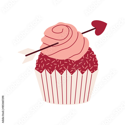 Valentine Cupcake Pierced by Heart Cupid Arrow, festive romantic clipart for Valentine’s Day