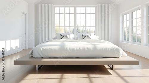 An ultra-realistic architectural visualization of a minimalist platform bed with crisp white linens and geometric accent pillows, positioned within a spacious, sun-drenched bedroom with large windows