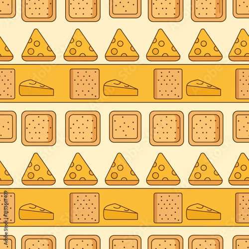 Seamless Pattern of Delicious Cheese Slices and Crackers. Vector Illustrations. EPS Editable
