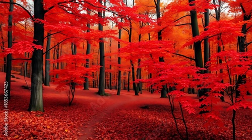 An ultra-realistic autumnal forest, vibrant red and orange leaves, crisp fallen foliage, painterly style, rich reds, oranges, and browns
