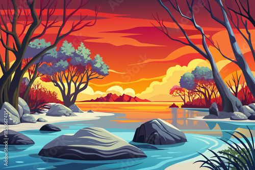 calm sea surrounds dense mangrove trees along the shoreline, creating a rich coastal ecosystem where plant roots meet shallow ocean waters