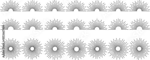 Minimalist black and white vector sunburst patterns, featuring half-circle rays and full circular bursts, ideal for retro designs, badges, or decorative elements on a clean white background.
