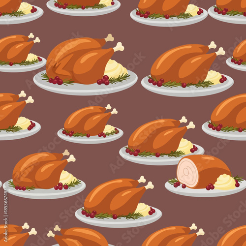 Seamless Pattern of Delicious Roasted Turkeys on Plates with Garnish. Vector Illustrations. EPS Editable