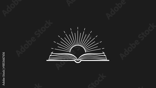 Open Book with Rising Sun Illustration.