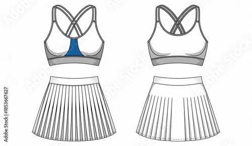 Technical Line Art Sketch of a Women's Tennis Sports Bra and Pleated Skirt Set for Performance Activewear Design and Retail Mockups.