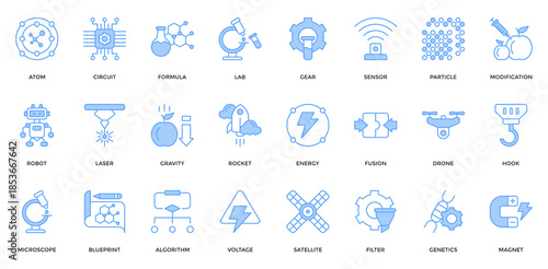 Science And Engineering icon set. Containing atom, formula, lab, robot, energy, nanotech, genetic icon. Lineal blue style