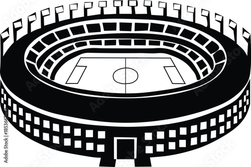 Black and white illustration of a large football stadium with floodlightsBlack and white illustration of a large football stadium with floodlights