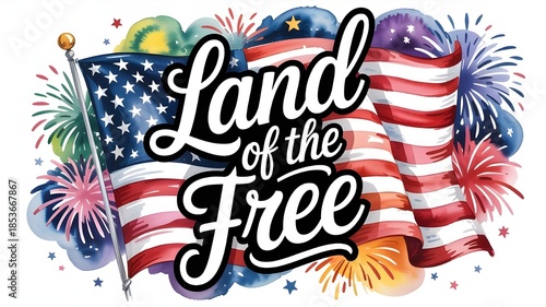 American flag with fireworks and text 