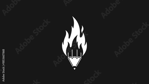 White Flame Icon on Black Background.