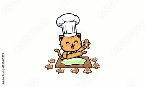 Cartoon Cat Wearing Chef Hat Cooking  vector White background