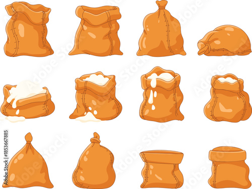 Flour sack illustration set, empty fabric grain bags vector collection bakery packaging cartoon icons design