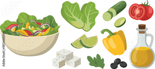 Fresh salad illustration set, healthy vegetables olive oil feta cheese vector food design elements collection
