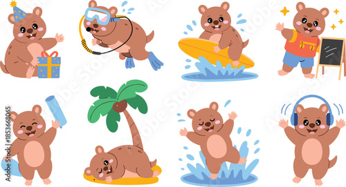 Cute bear character illustration set, cartoon teddy bear summer activities vector kids mascot collection fun