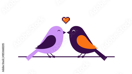 Two birds perched on a wire sharing a tender moment with a heart above them