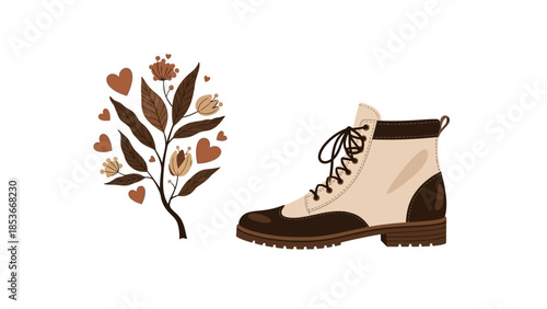 A single beige boot with brown accents stands beside a stylized plant with hearts and leaves on a white background.