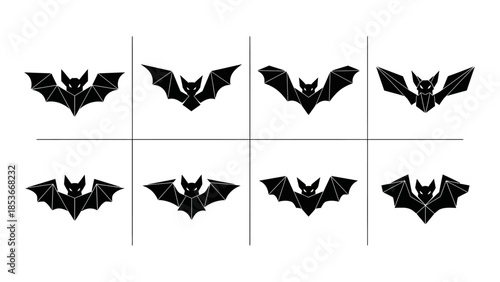 Collection of bat silhouettes arranged in a grid pattern on a white background