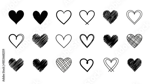 Collection of various hand-drawn heart symbols in different styles and patterns on a white background